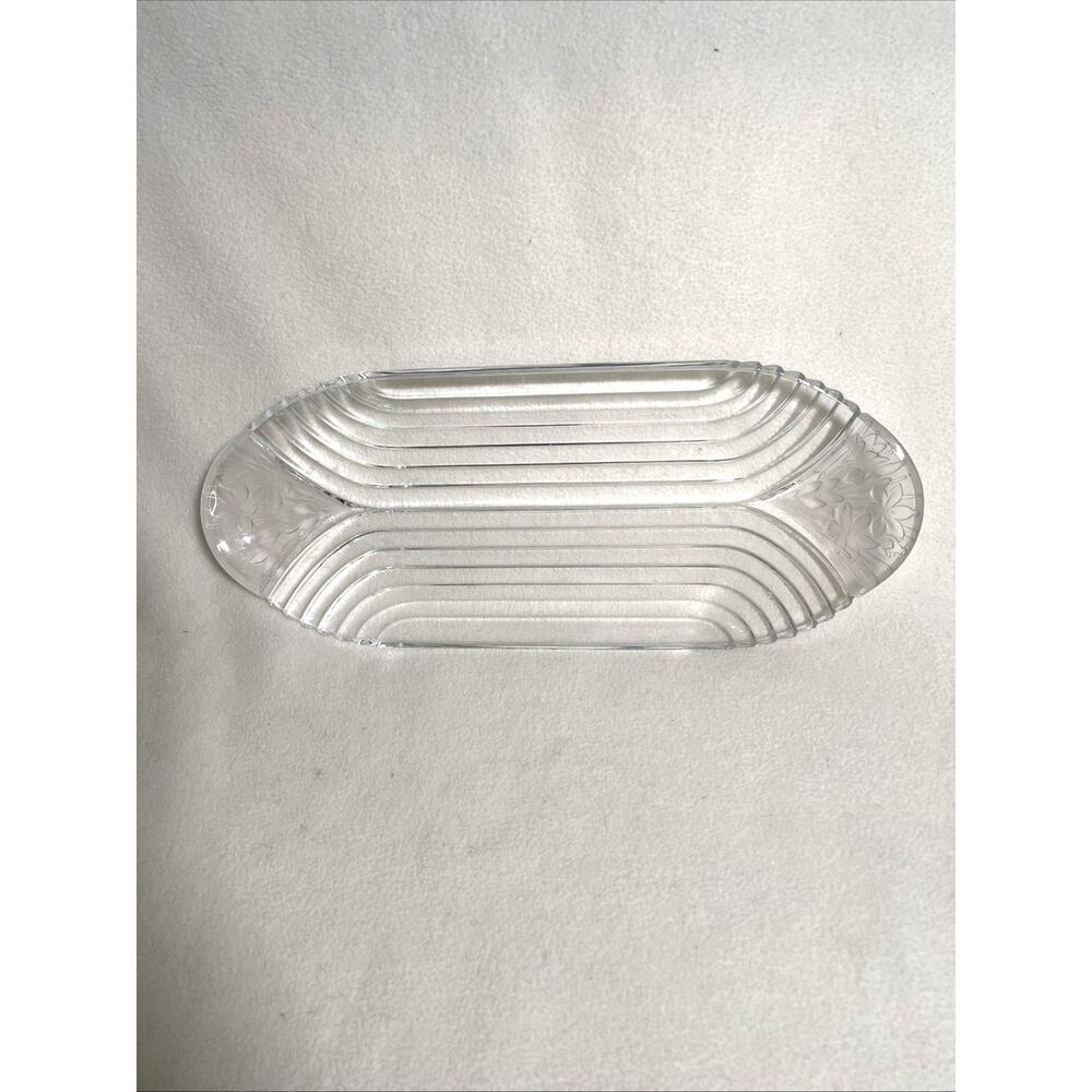 Hoya Oval Etched Glass Art Deco Platter 14”x7” Crystal